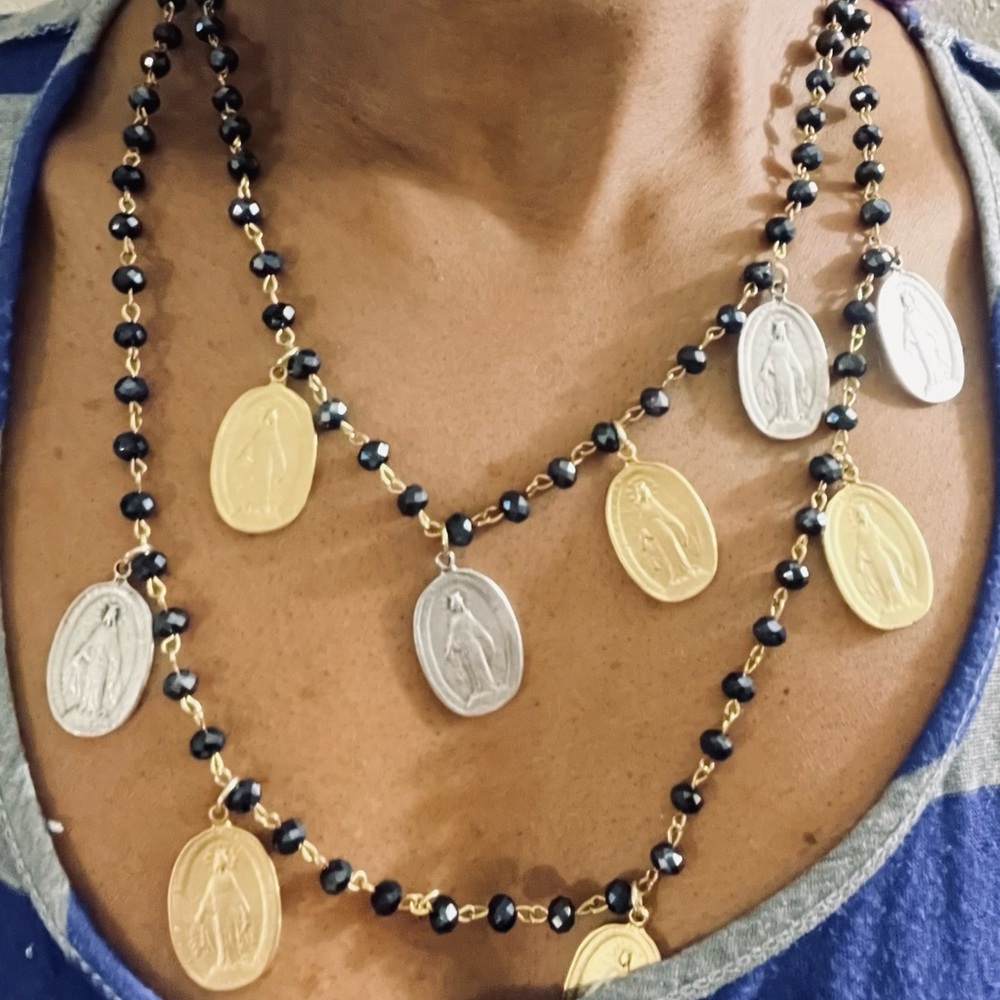 Religious Dual-Tone Medal Bead Necklace - Black Beads with Gold & Silver Medals